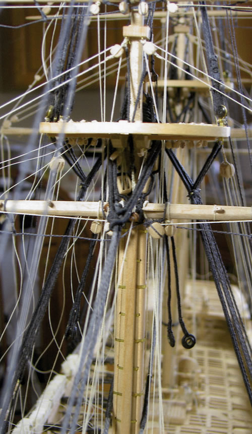 In progress shot of 
the running rigging at the foremast